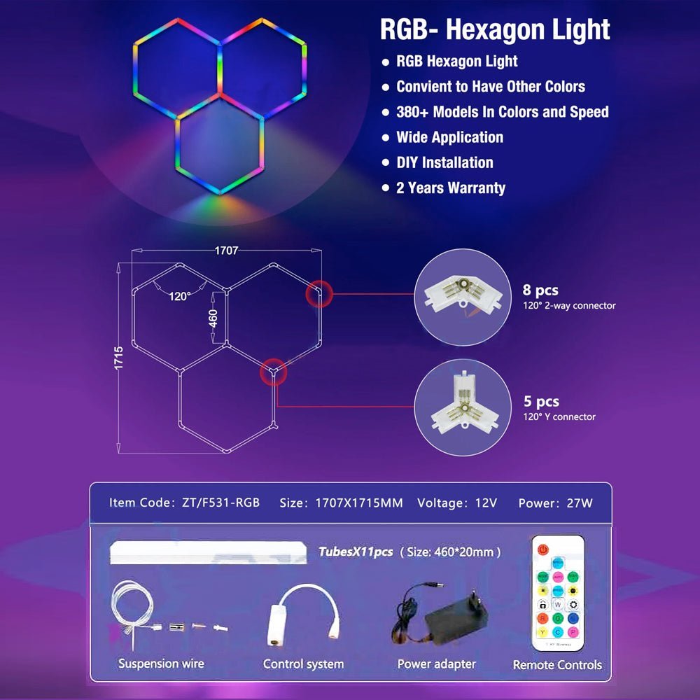 3 Piece RGB Hexagon Modular LED Lighting Kit - Hexagon Lights Modular Floor Tiles