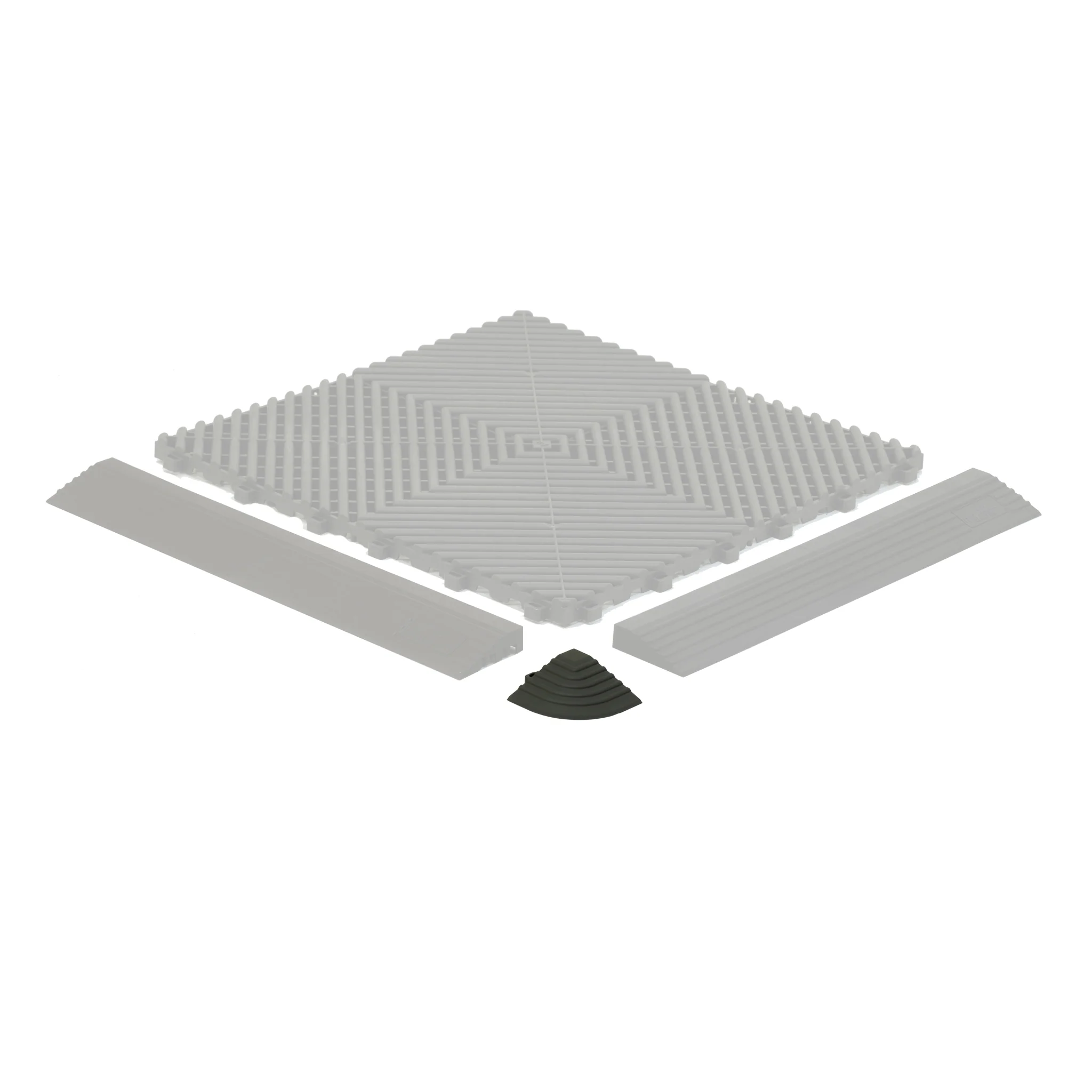 Modular tile corner piece that joins two edge ramps at a right angle