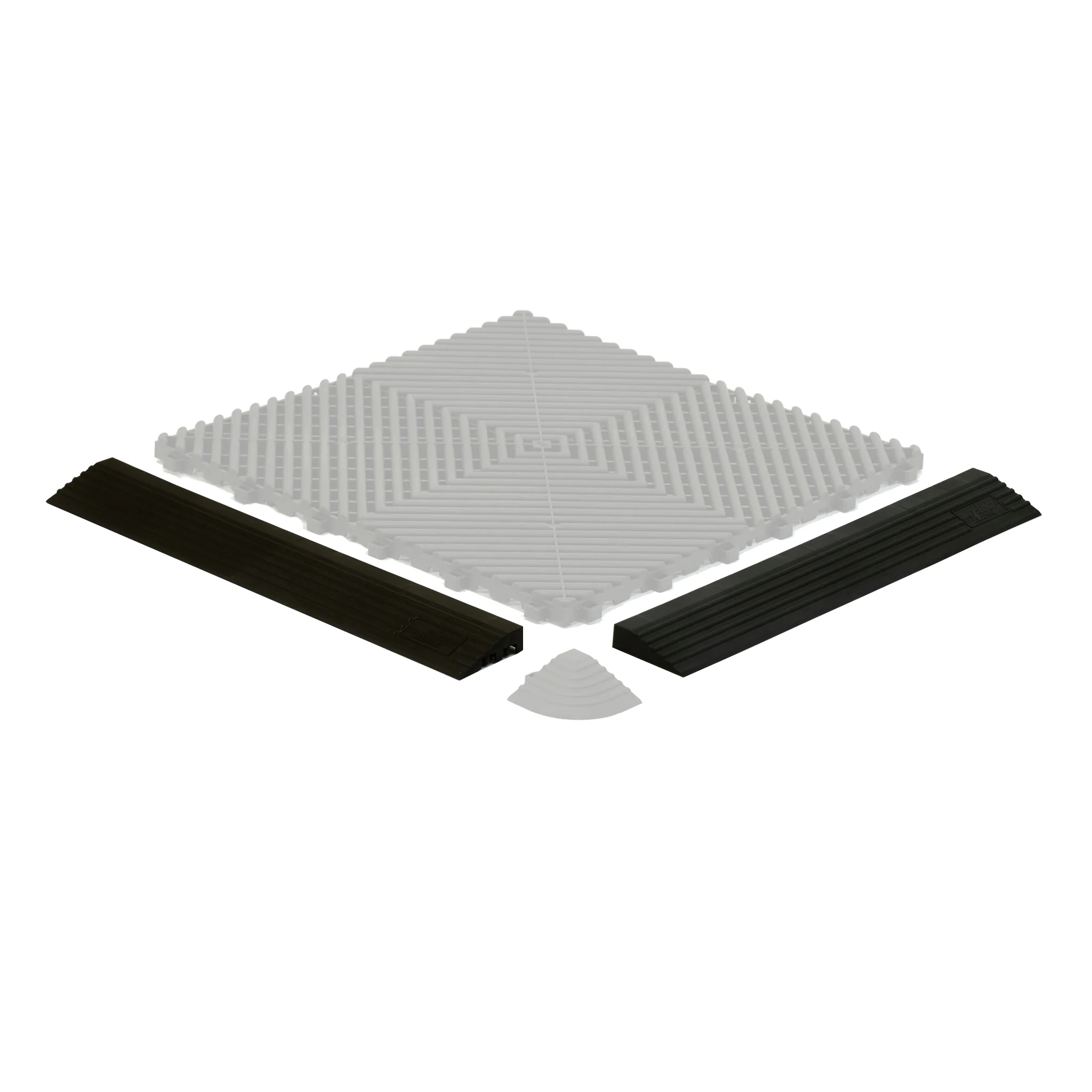 Modular tile edge ramps that finish the perimeter of a tiled floor