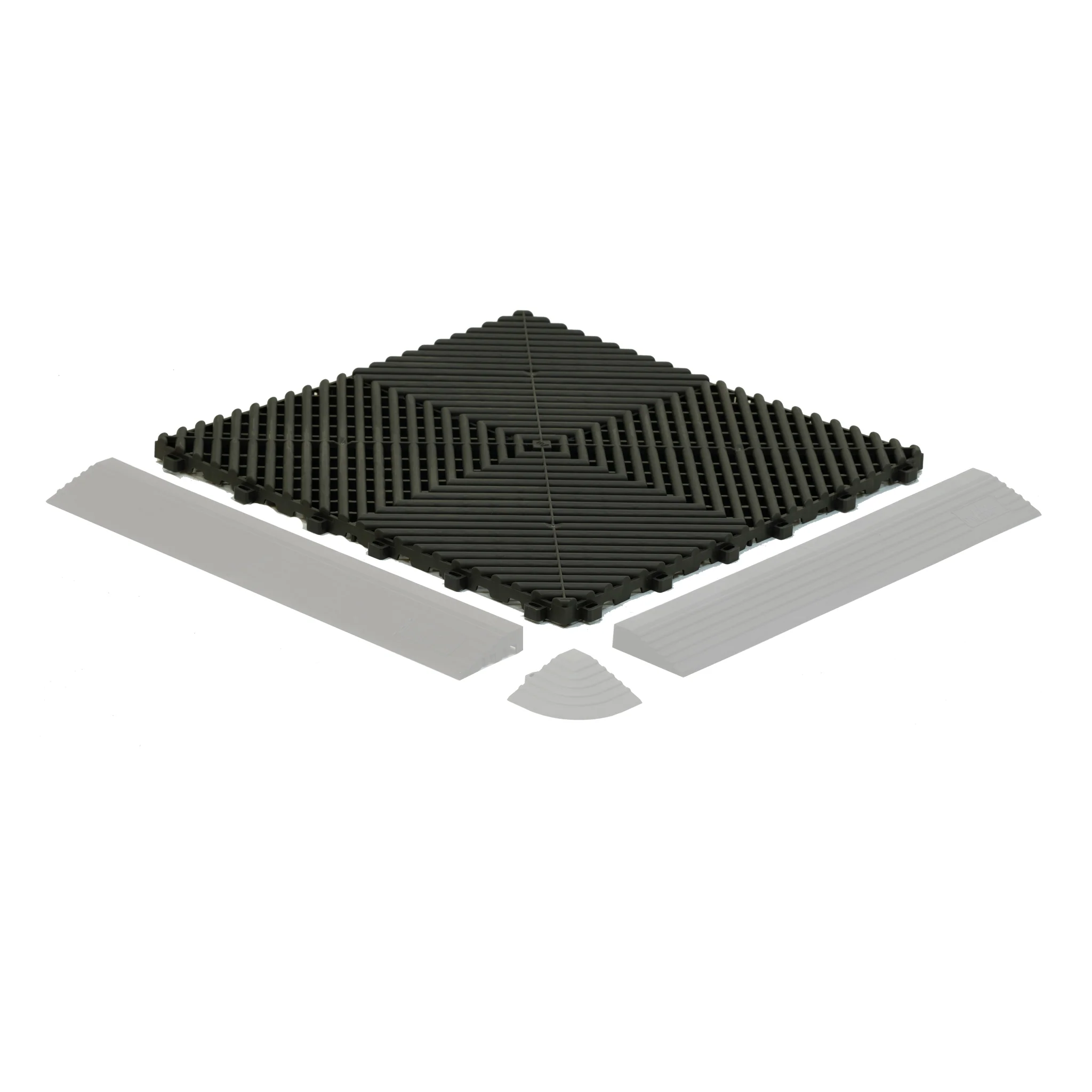 Modular interlocking floor tile shown with edge strips and corner piece